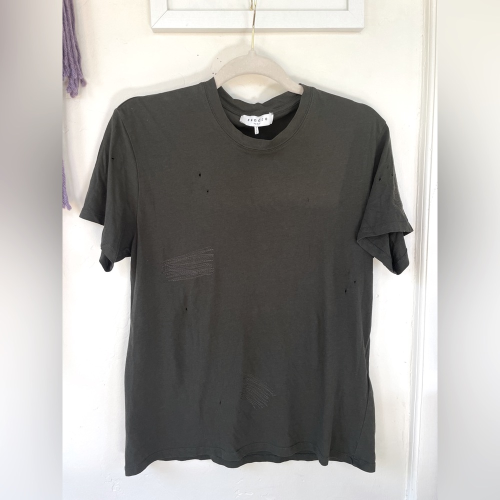 Sandro Paris men’s olive green distressed T-shirt